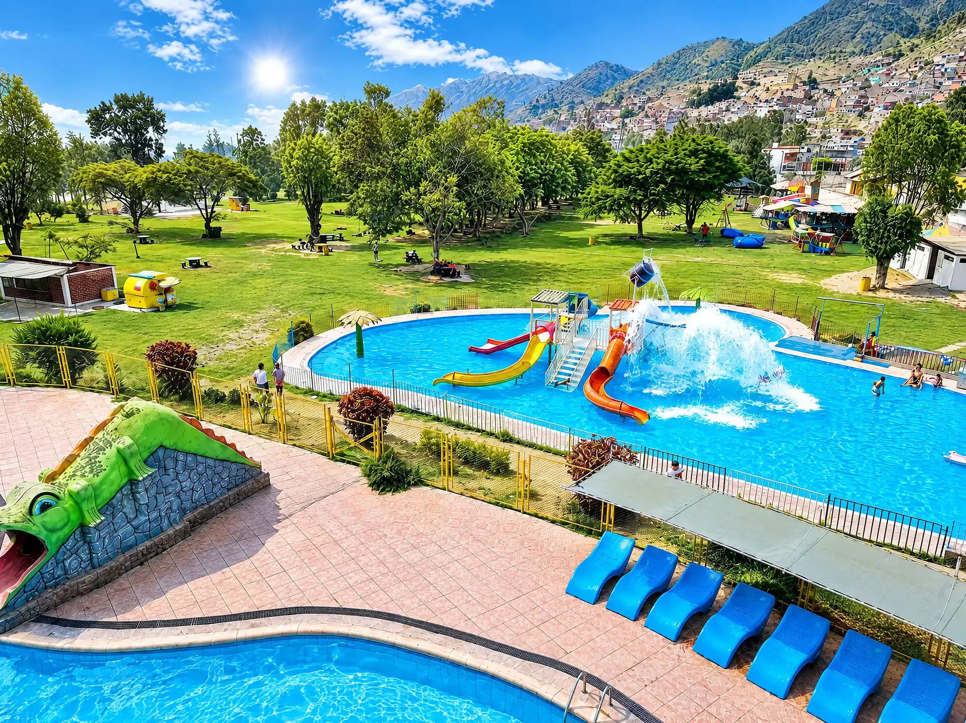 Vista del club: piscina con toboganes, áreas verdes y los cerros de Chosica